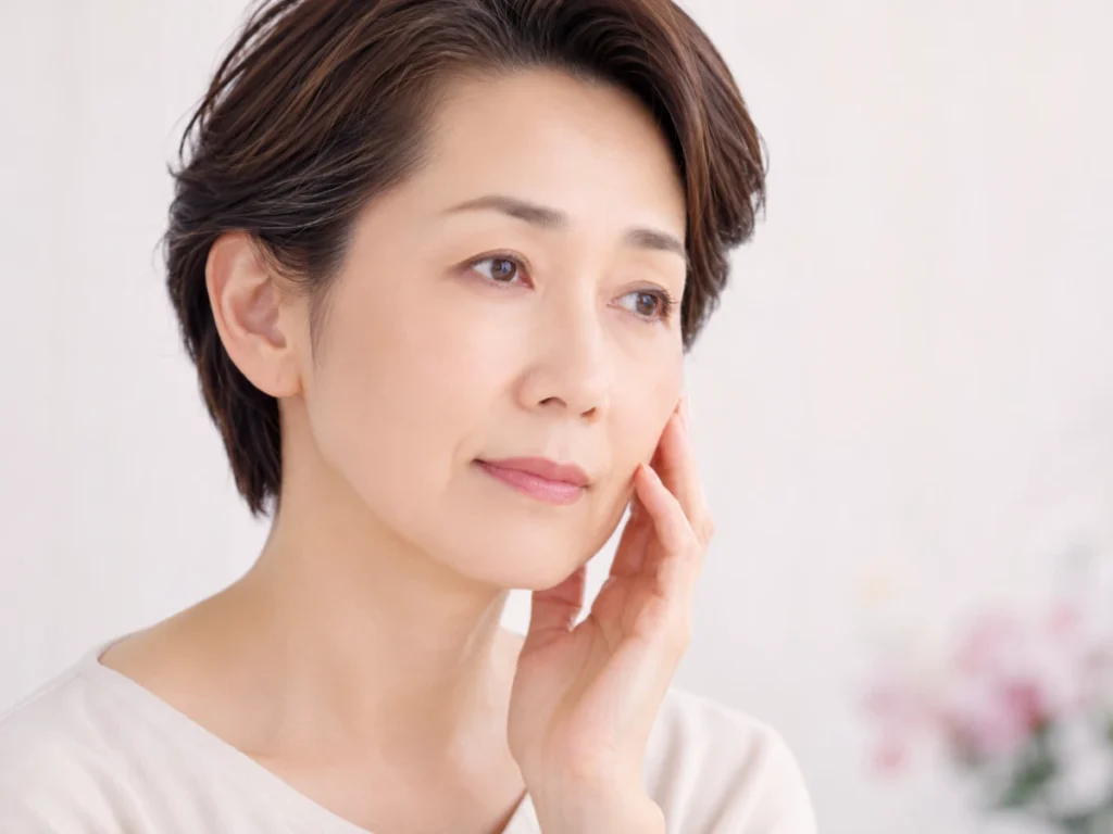 頬に手を添え肌のハリを確かめる40代女性