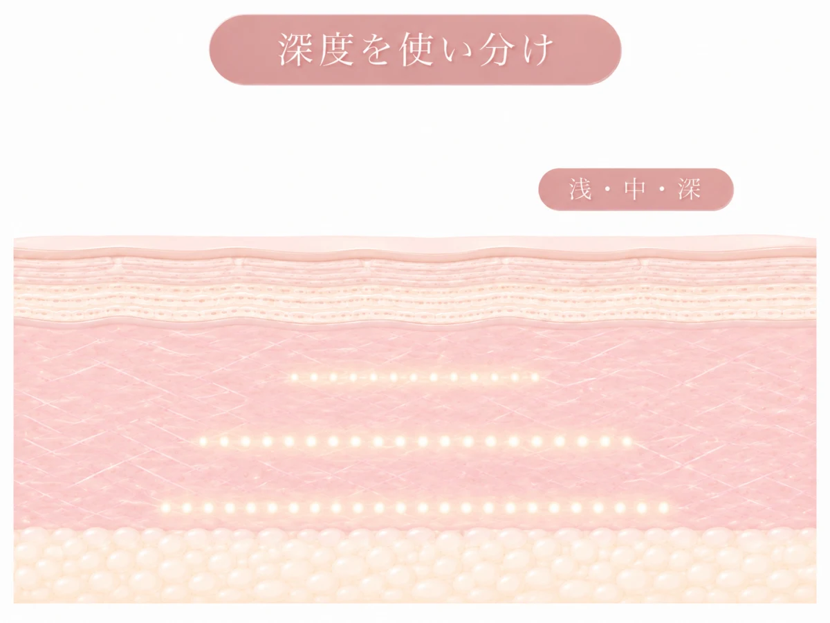 特徴カード3 肌断面に浅・中・深の焦点ラインを描き分けた図（人物なし）