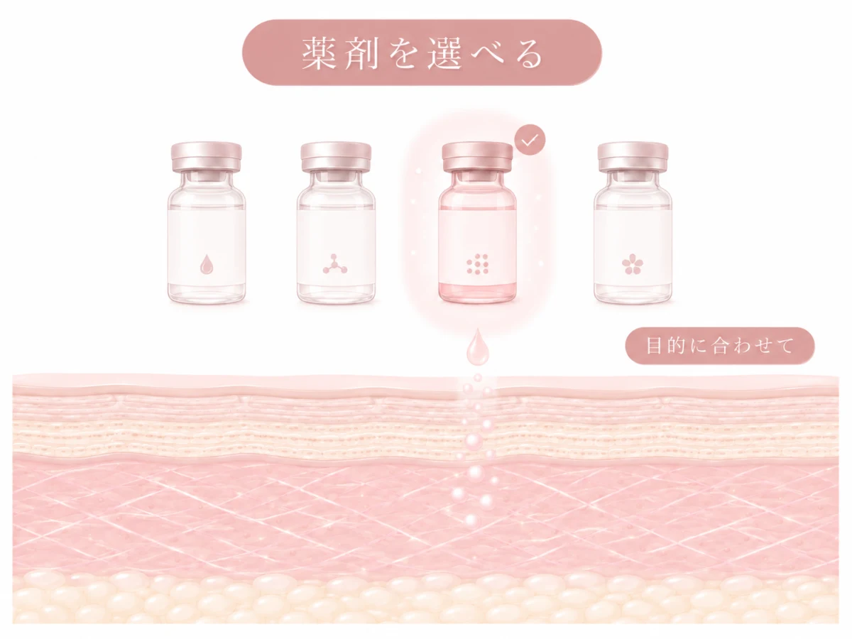 目的に合わせて薬剤・美容成分を選べることを示した肌断面のイメージイラスト