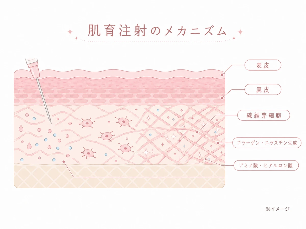 真皮にアミノ酸・ヒアルロン酸が届き線維芽細胞がコラーゲン・エラスチンを生成する仕組みの解説図