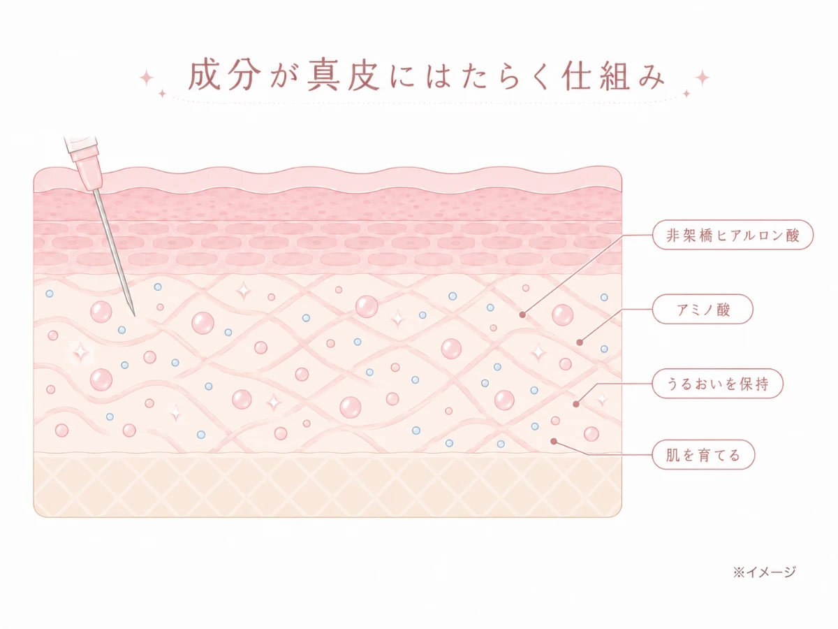 注入された非架橋ヒアルロン酸・アミノ酸が真皮に均一に行きわたりうるおいとコラーゲンが満ちる様子をラベル付きで示した断面解説図