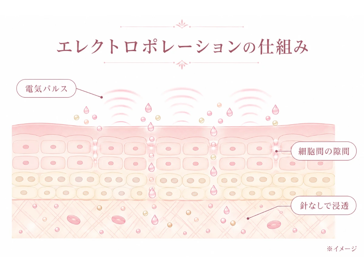 電気パルスで細胞のあいだに一時的な隙間ができ美容成分が針なしで肌の奥へ浸透する仕組みの解説図