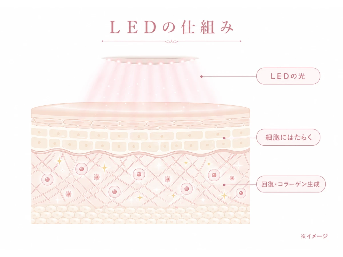 LEDの光が肌の表面を傷つけずに肌の中の細胞にはたらきかけ、回復やコラーゲン生成を後押しする仕組みを示した解説図