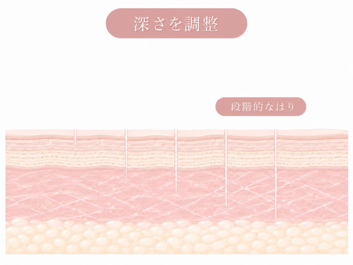 針が肌の深さに合わせて段階的に刺さる様子を示した肌断面のイメージイラスト