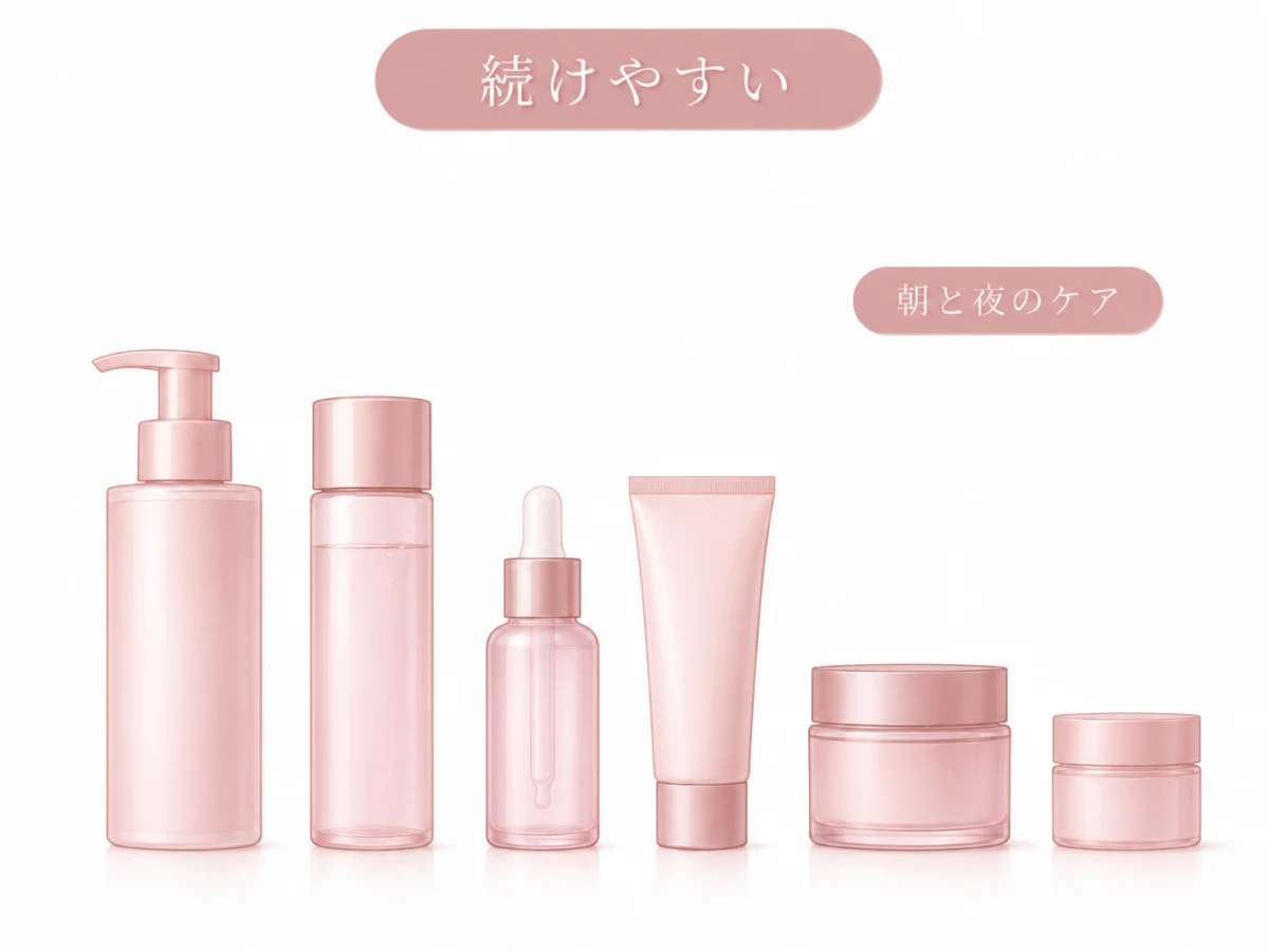 朝と夜のスキンケアの使用順をシンプルなボトルの並びで示したイメージイラスト（人物なし）