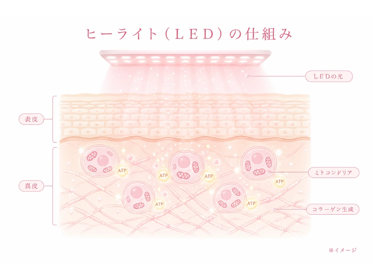 高密度LEDの光が表皮を傷つけずに真皮の細胞（ミトコンドリア）に届きATPを産生してコラーゲンを生成する仕組みの解説図