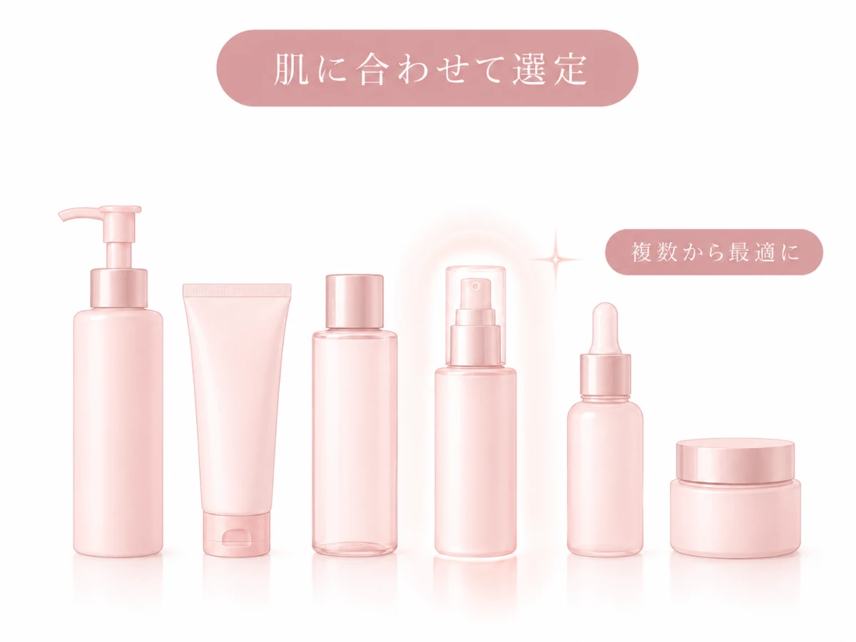 複数のスキンケア製品から肌の状態に合わせて選ぶ様子を示したイメージイラスト（人物なし）