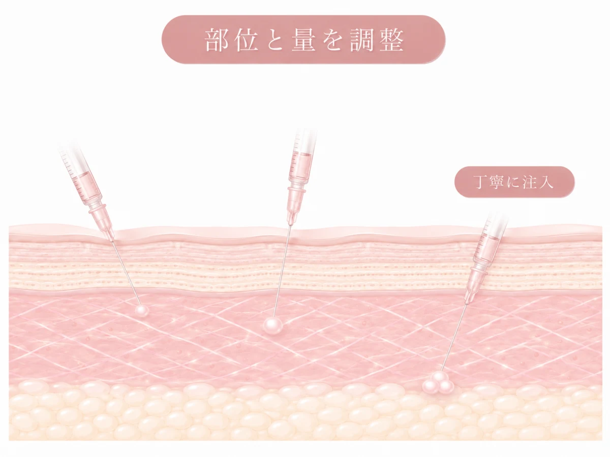 医師が部位と注入量を確認・調整する様子を示した肌断面のイメージイラスト