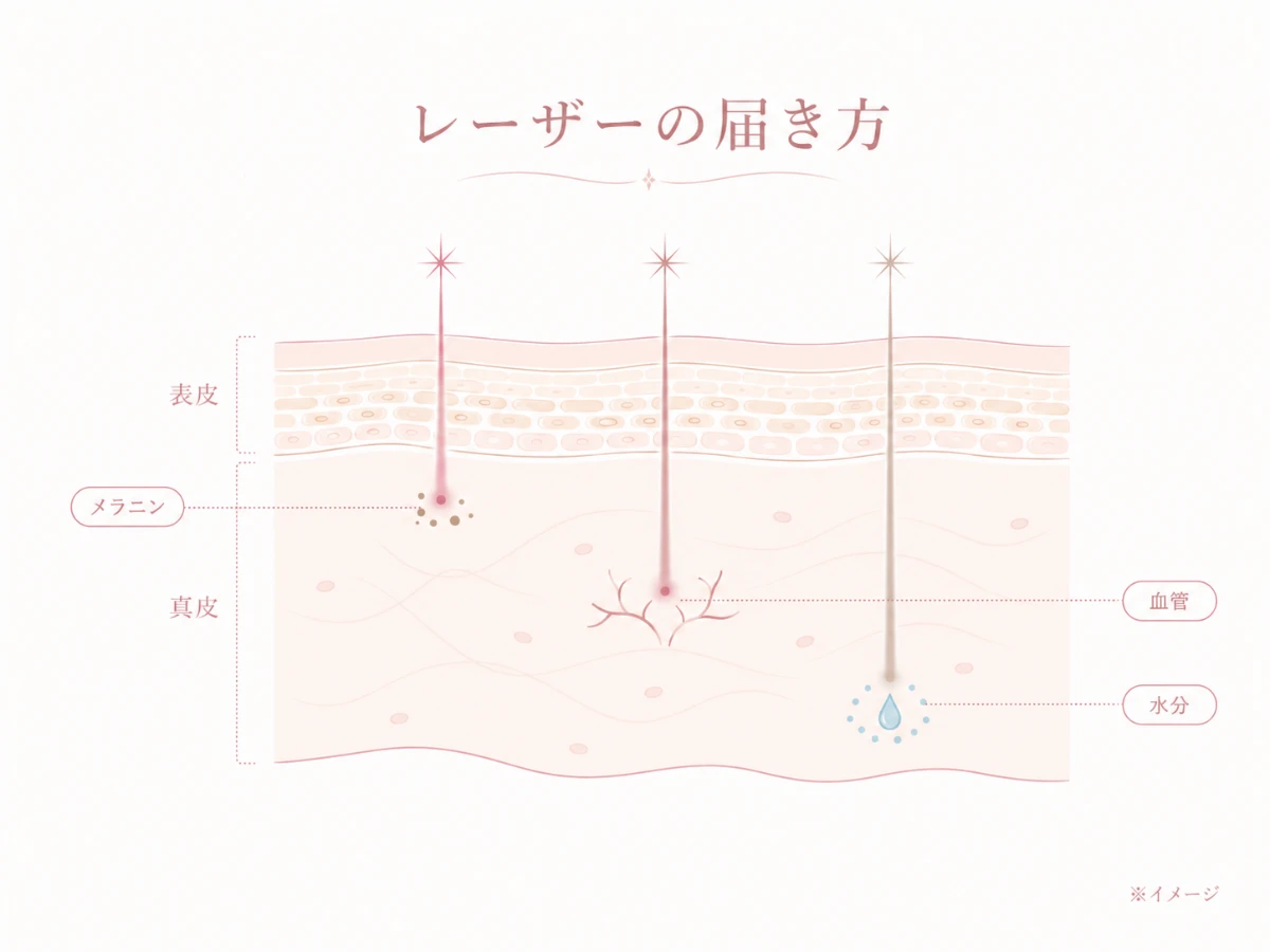 波長の異なるレーザー光が肌断面のメラニン・血管・水分などそれぞれの深さに届く仕組みを示した解説図