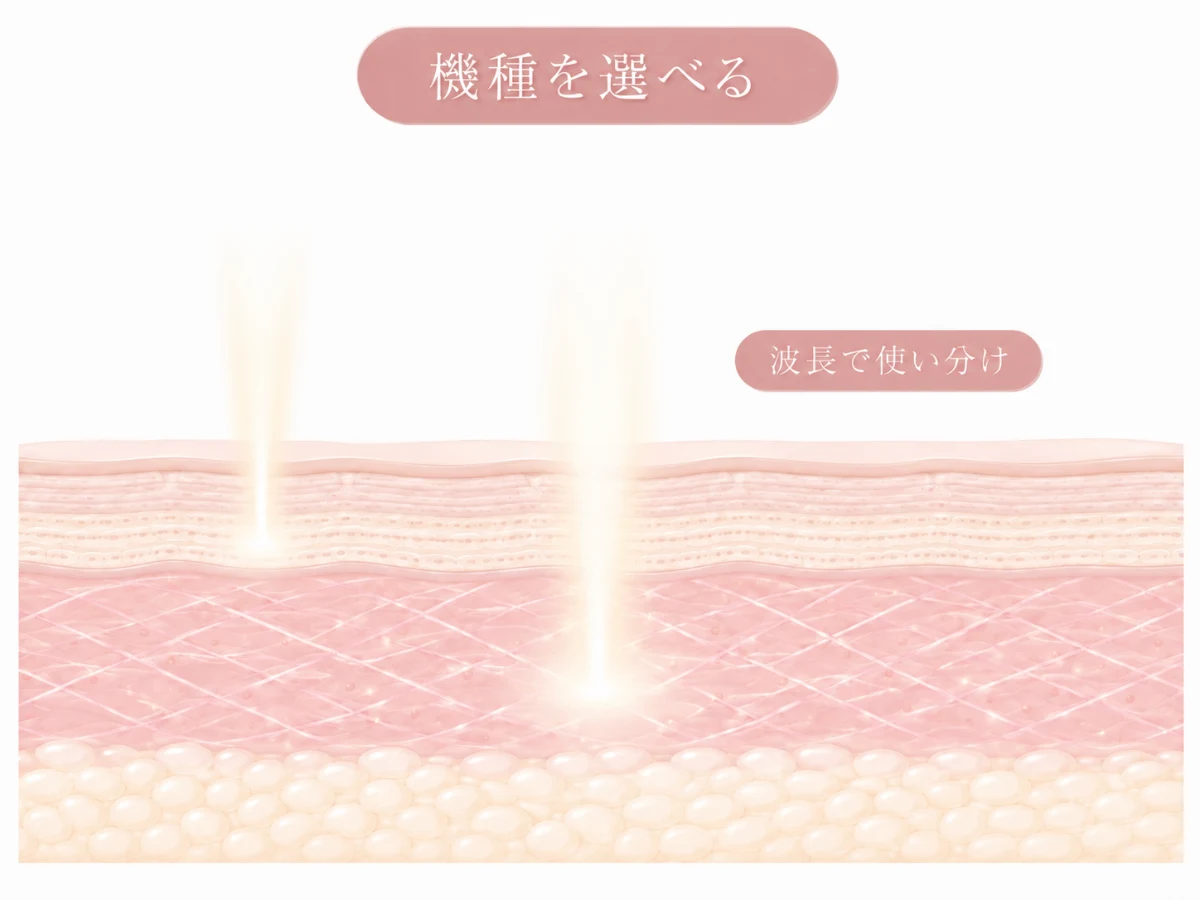 悩みに合わせて波長の異なる複数の機器を選べることを示した肌断面のイメージイラスト