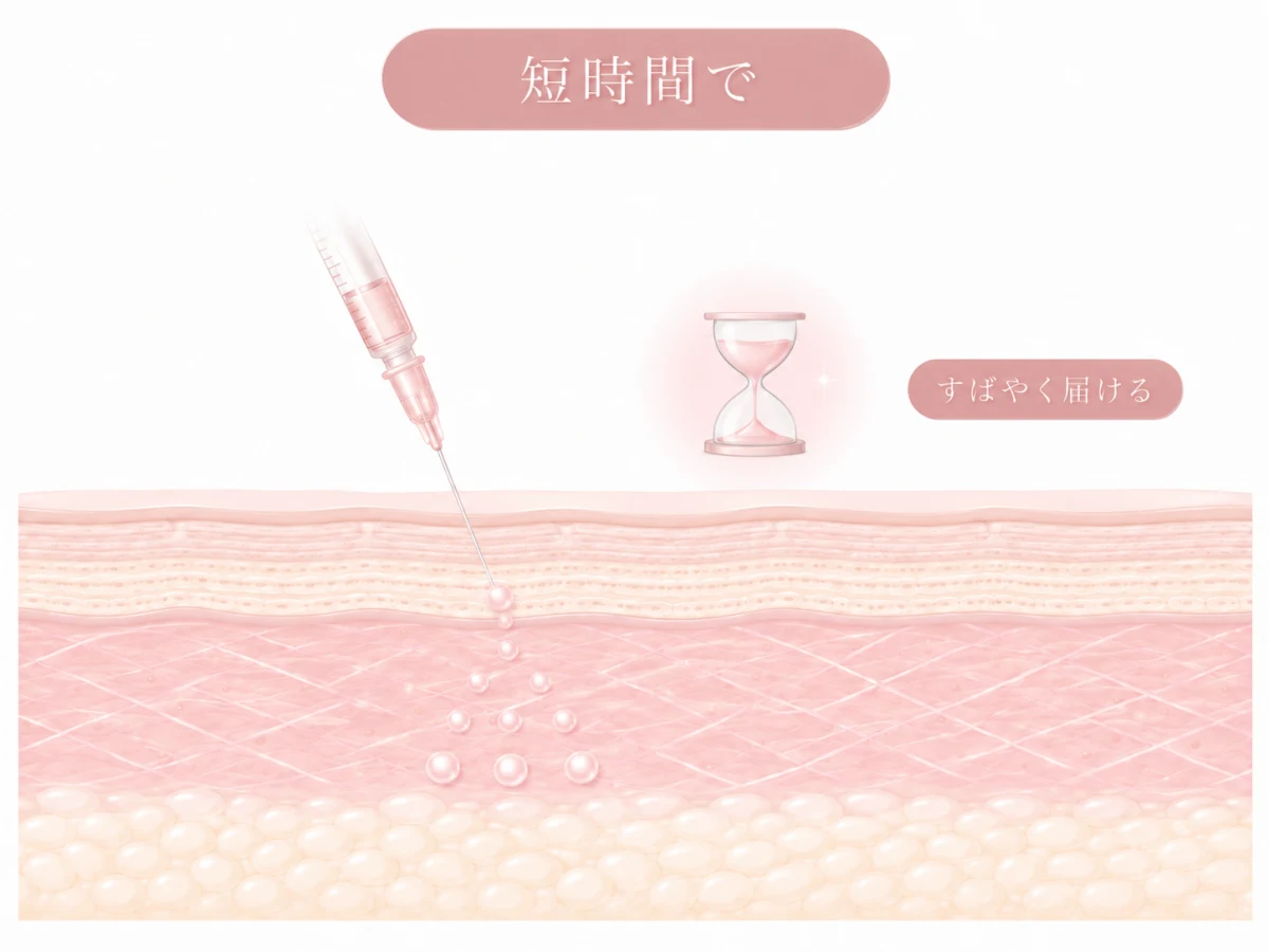 注射・点滴で比較的短時間に成分を届ける様子を示した肌断面のイメージイラスト