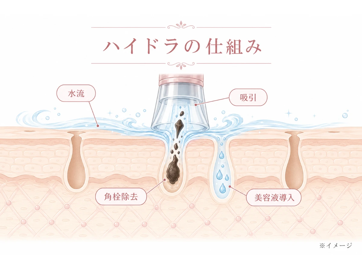 水流で角質をやわらげ吸引で毛穴の汚れ（角栓）を除去し美容液を導入する仕組みをラベル付きで示した断面解説図