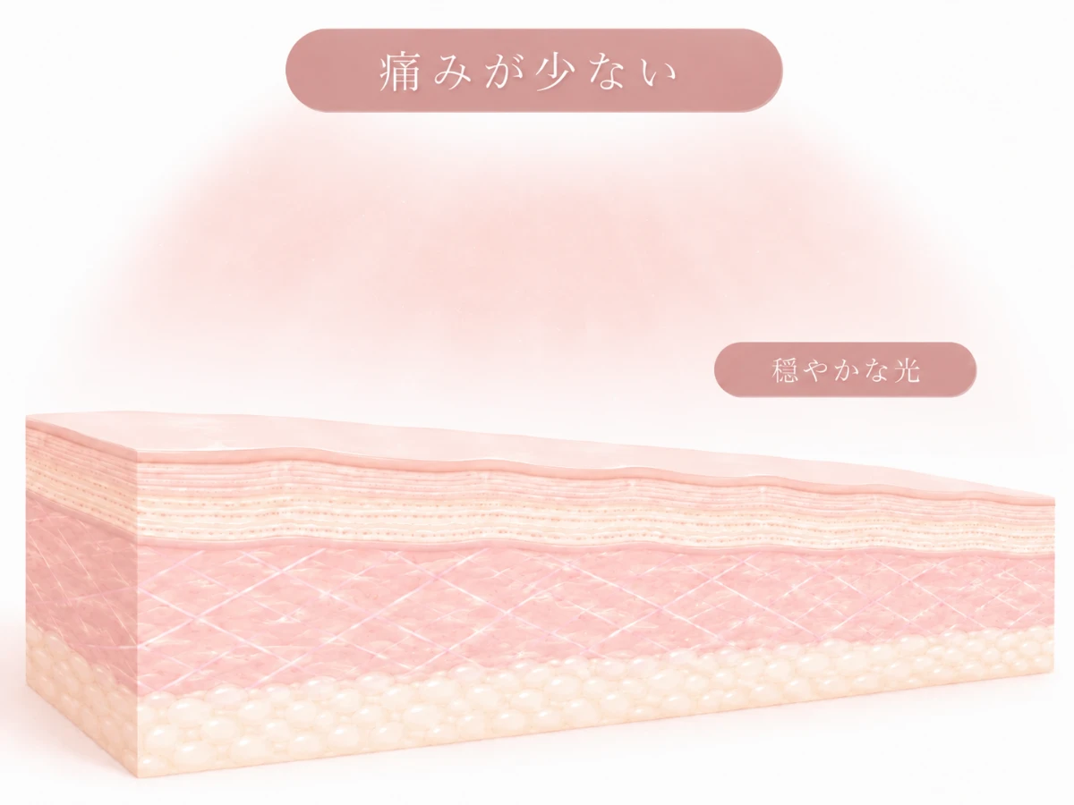 低出力のLED光が肌表面を傷つけずに穏やかに当たる様子を斜め俯瞰の肌断面で示したイメージイラスト