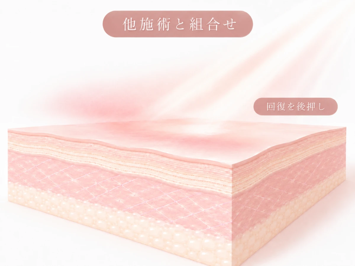 LED光が他施術後の肌の回復を後押しする様子を俯瞰の肌断面で示したイメージイラスト