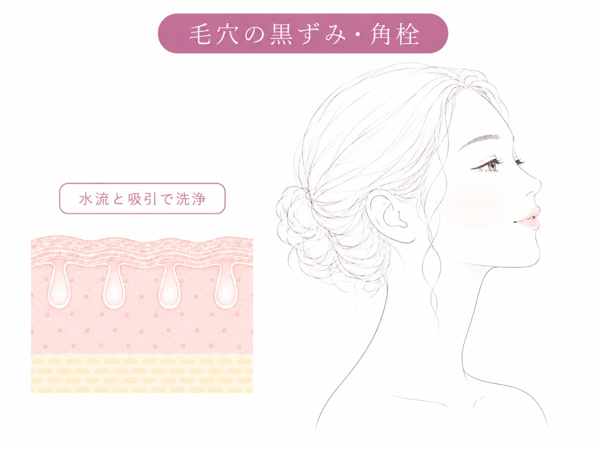 毛穴の黒ずみ・角栓が水流と吸引で洗浄されるイメージイラスト