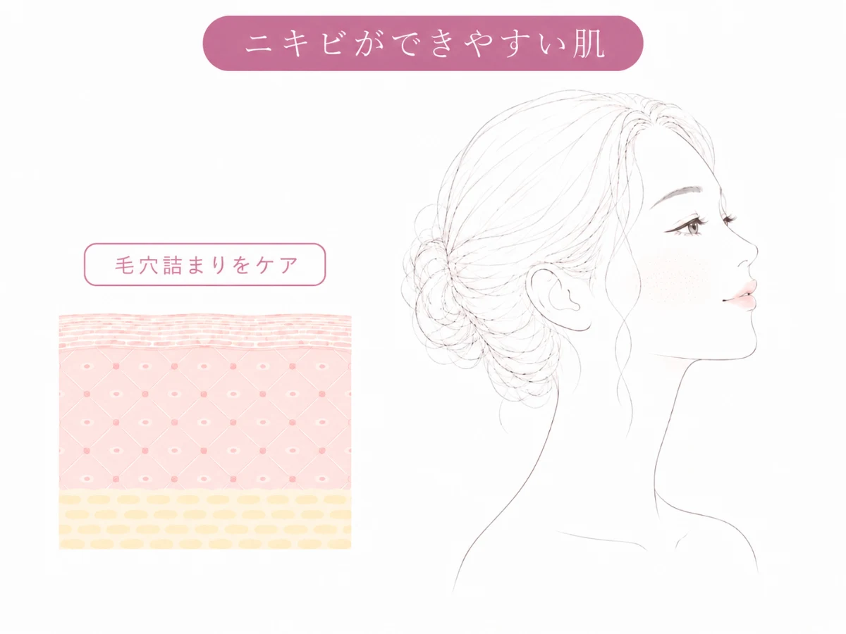 毛穴詰まりをケアしてニキビができにくい肌を目指すイメージイラスト