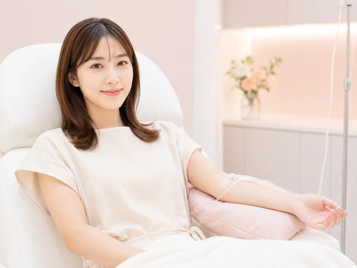 美容点滴を受けてリラックスする女性のイメージ写真