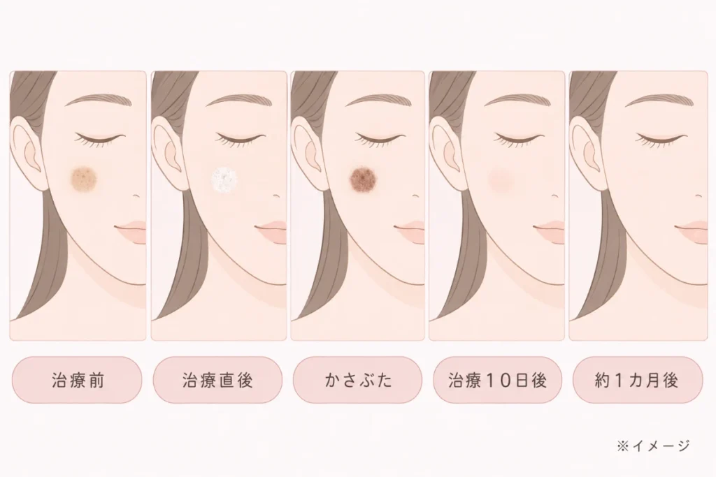 シミ治療後の経過イラスト（治療前・治療直後・かさぶた・治療10日後・約1カ月後）